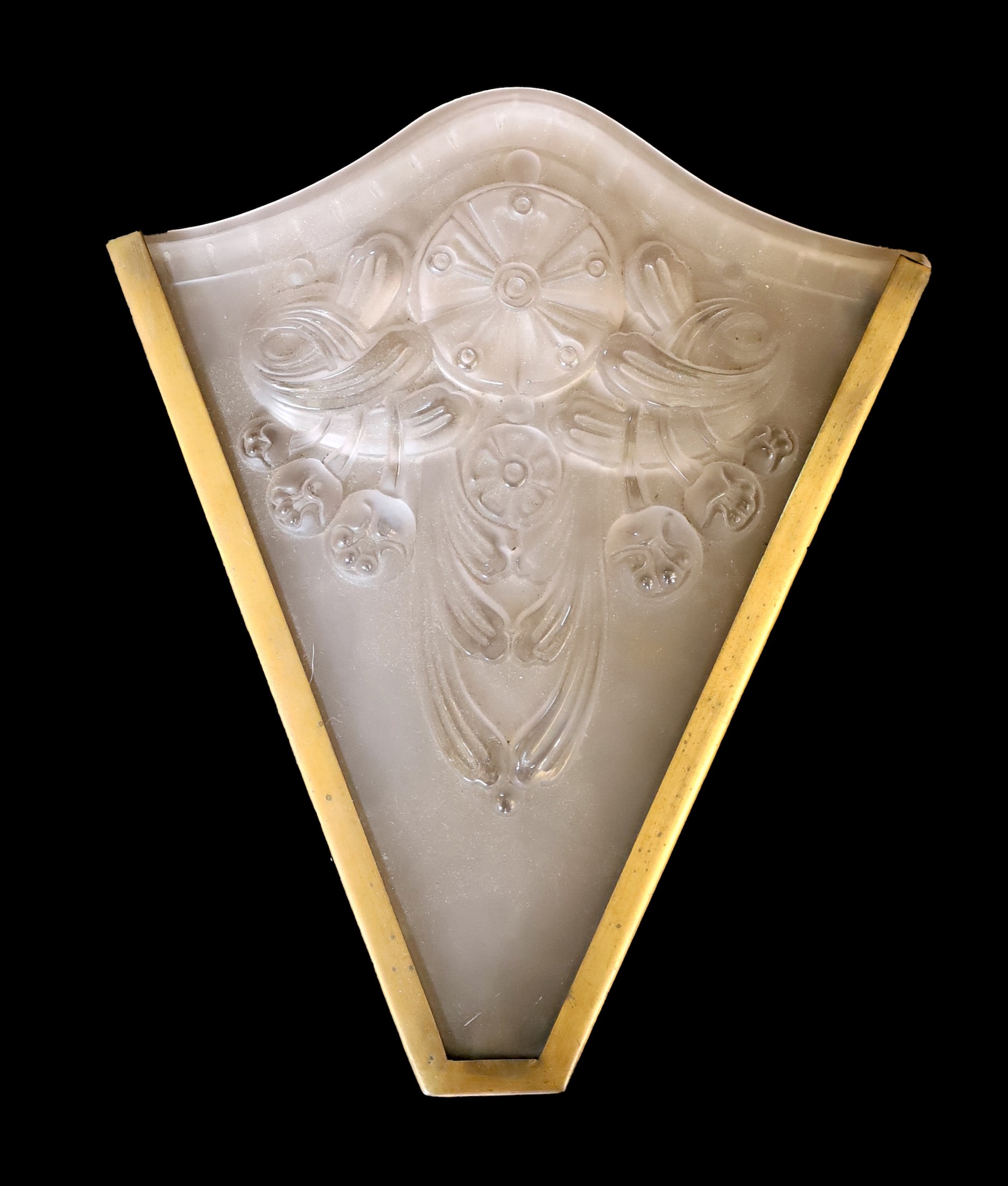 An Art Deco bronzed metal and frosted glass up lighter wall light, height 34cm. width 27cm